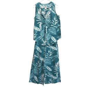 C&C California Women M Teal White Tropical Palm 100% Linen 2 Piece Top Pants Set